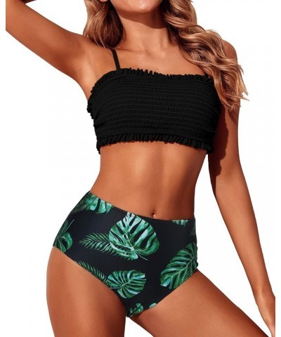 Women's Bandeau Bikini Set Two Piece Smocked Swimsuits Ruffle Off Shoulder Bathing Suit with High Waisted Bottoms Black $18.8...
