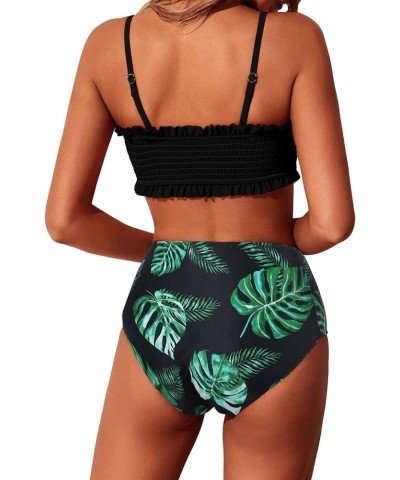 Women's Bandeau Bikini Set Two Piece Smocked Swimsuits Ruffle Off Shoulder Bathing Suit with High Waisted Bottoms Black $18.8...