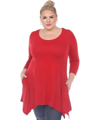 Women's Makayla Tunic Top with Shark Bite Hemline & Pockets Red $13.17 Tops