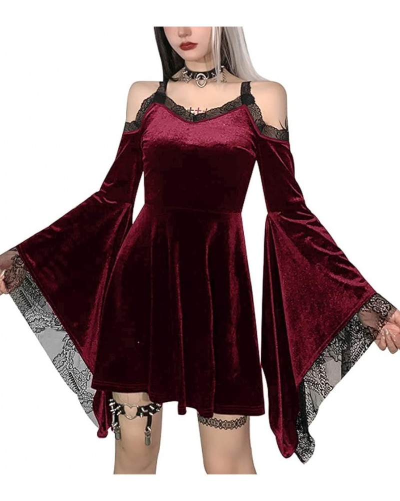 Gothic Sleeveless Lace Dress Halloween A-Line Mini Dress Summer Womens Spaghetti Strap Velvet Dresses Black Big Flare Sleeve ...