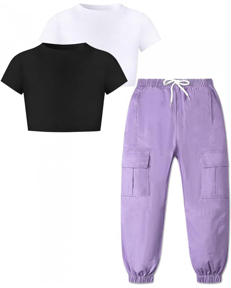 Girls 2 Piece Outfits, Cute Short Sleeve Crop Top Cargo Pants Trendy Clothing Sets, 4T-14 Years Black+white+purple $14.40 Act...