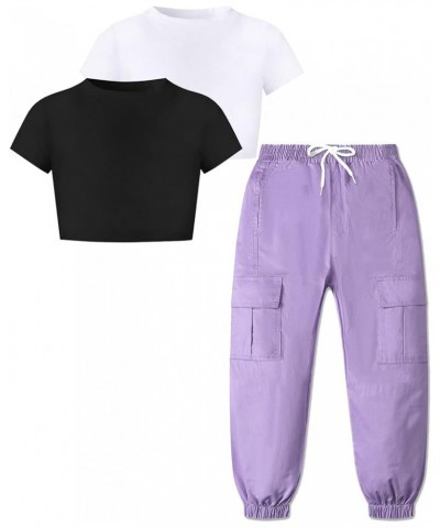 Girls 2 Piece Outfits, Cute Short Sleeve Crop Top Cargo Pants Trendy Clothing Sets, 4T-14 Years Black+white+purple $14.40 Act...