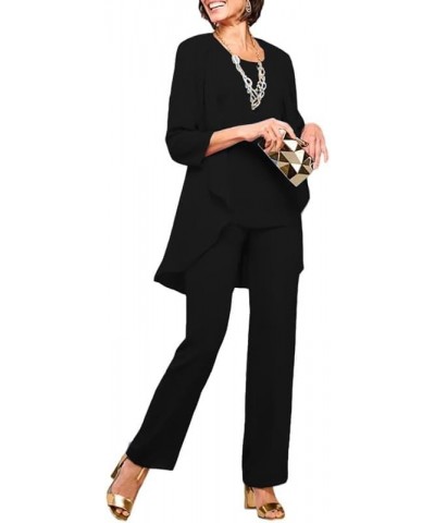 3Pcs Mother of The Bride Pants Suits for Wedding Long Chiffon Evening Gown with Jacket Formal Party Outfit Pants Suit Black $...