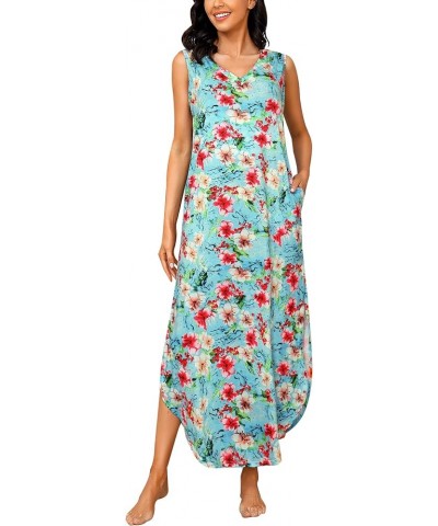 Womens Cotton Long Nightgowns Spaghetti Strap V Neck Full Slip Sleep Shirts with Pockets Tank-blue Floral $11.75 Sleep & Lounge