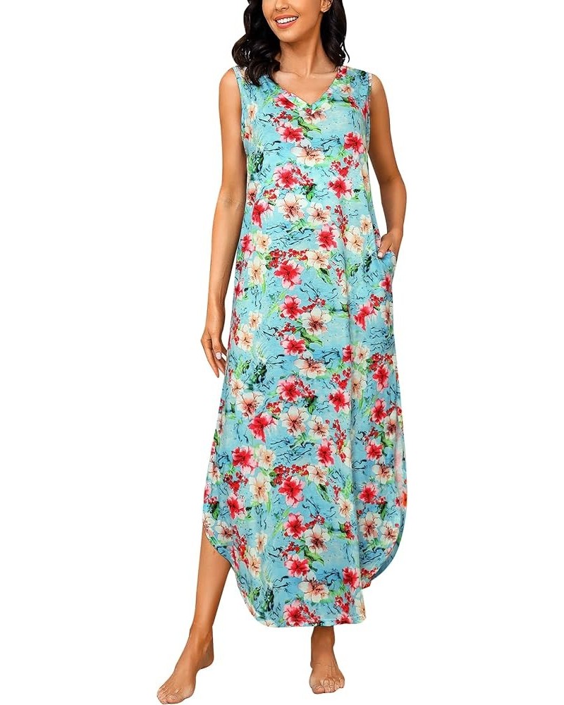 Womens Cotton Long Nightgowns Spaghetti Strap V Neck Full Slip Sleep Shirts with Pockets Tank-blue Floral $11.75 Sleep & Lounge