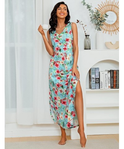 Womens Cotton Long Nightgowns Spaghetti Strap V Neck Full Slip Sleep Shirts with Pockets Tank-blue Floral $11.75 Sleep & Lounge