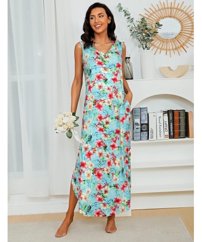 Womens Cotton Long Nightgowns Spaghetti Strap V Neck Full Slip Sleep Shirts with Pockets Tank-blue Floral $11.75 Sleep & Lounge