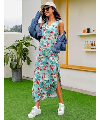 Womens Cotton Long Nightgowns Spaghetti Strap V Neck Full Slip Sleep Shirts with Pockets Tank-blue Floral $11.75 Sleep & Lounge