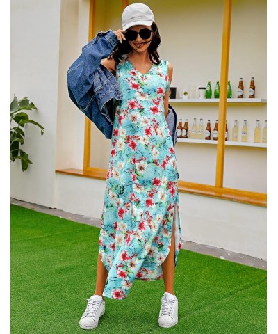 Womens Cotton Long Nightgowns Spaghetti Strap V Neck Full Slip Sleep Shirts with Pockets Tank-blue Floral $11.75 Sleep & Lounge