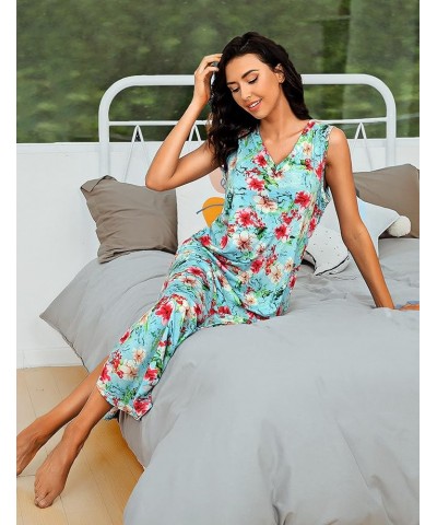 Womens Cotton Long Nightgowns Spaghetti Strap V Neck Full Slip Sleep Shirts with Pockets Tank-blue Floral $11.75 Sleep & Lounge