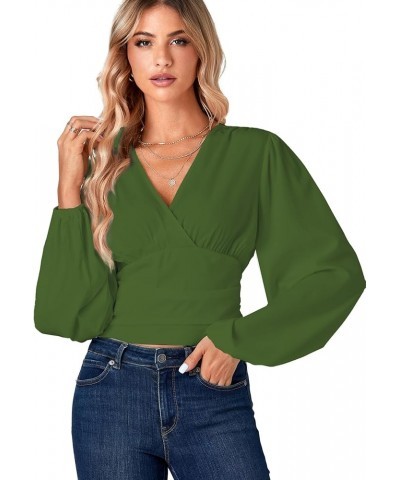 Women's V Neck Wrap Bishop Long Sleeve Shirred Hem Back Tee Shirt Blouse Top Army Green $19.19 Blouses