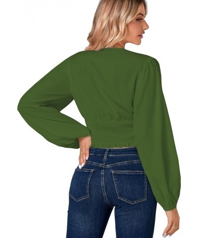 Women's V Neck Wrap Bishop Long Sleeve Shirred Hem Back Tee Shirt Blouse Top Army Green $19.19 Blouses