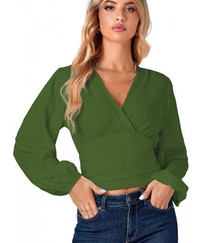 Women's V Neck Wrap Bishop Long Sleeve Shirred Hem Back Tee Shirt Blouse Top Army Green $19.19 Blouses