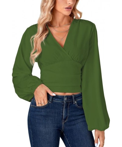 Women's V Neck Wrap Bishop Long Sleeve Shirred Hem Back Tee Shirt Blouse Top Army Green $19.19 Blouses