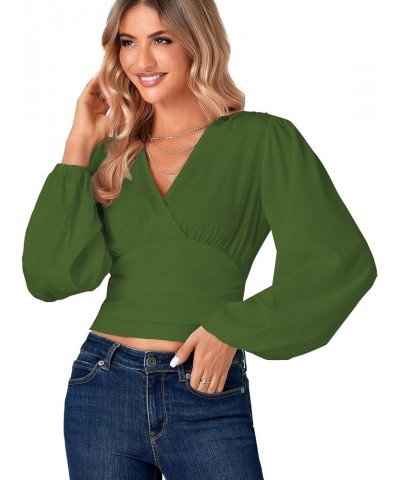 Women's V Neck Wrap Bishop Long Sleeve Shirred Hem Back Tee Shirt Blouse Top Army Green $19.19 Blouses