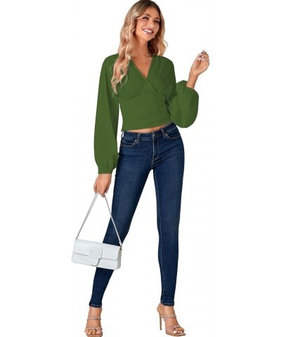 Women's V Neck Wrap Bishop Long Sleeve Shirred Hem Back Tee Shirt Blouse Top Army Green $19.19 Blouses