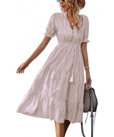 Women's Summer Ruffle Puff Sleeve Dress Short Sleeve V Neck High Waist Casual Loose Striped Midi Dresses Beigestripe $19.31 D...