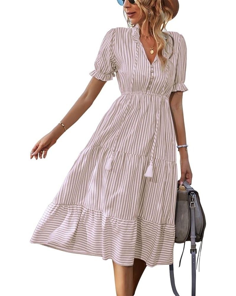 Women's Summer Ruffle Puff Sleeve Dress Short Sleeve V Neck High Waist Casual Loose Striped Midi Dresses Beigestripe $19.31 D...