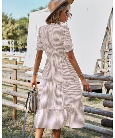 Women's Summer Ruffle Puff Sleeve Dress Short Sleeve V Neck High Waist Casual Loose Striped Midi Dresses Beigestripe $19.31 D...