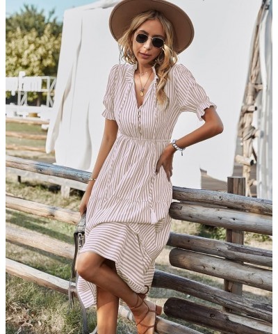 Women's Summer Ruffle Puff Sleeve Dress Short Sleeve V Neck High Waist Casual Loose Striped Midi Dresses Beigestripe $19.31 D...