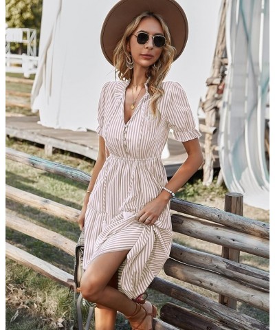 Women's Summer Ruffle Puff Sleeve Dress Short Sleeve V Neck High Waist Casual Loose Striped Midi Dresses Beigestripe $19.31 D...