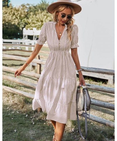 Women's Summer Ruffle Puff Sleeve Dress Short Sleeve V Neck High Waist Casual Loose Striped Midi Dresses Beigestripe $19.31 D...