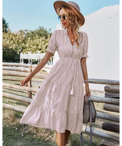 Women's Summer Ruffle Puff Sleeve Dress Short Sleeve V Neck High Waist Casual Loose Striped Midi Dresses Beigestripe $19.31 D...