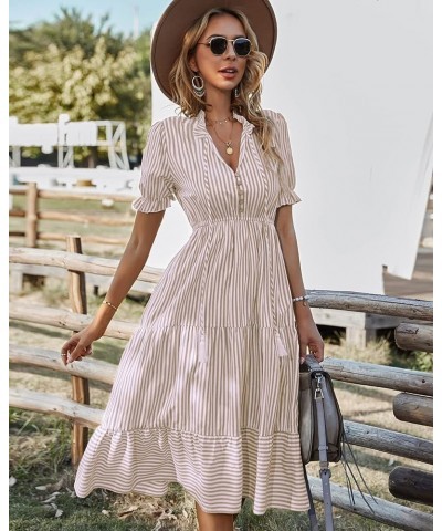 Women's Summer Ruffle Puff Sleeve Dress Short Sleeve V Neck High Waist Casual Loose Striped Midi Dresses Beigestripe $19.31 D...