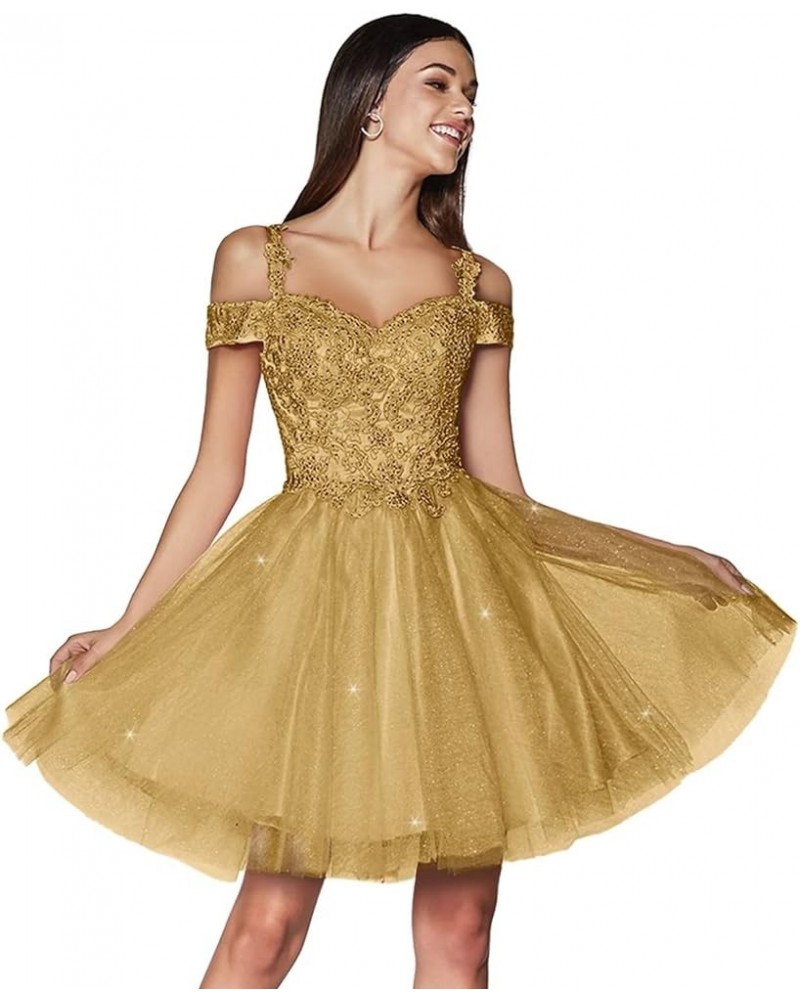 Sparkly Lace Applique Homecoming Dresses Cold Shoulder Tulle Short Beaded Prom Party Gowns Gold $32.12 Dresses