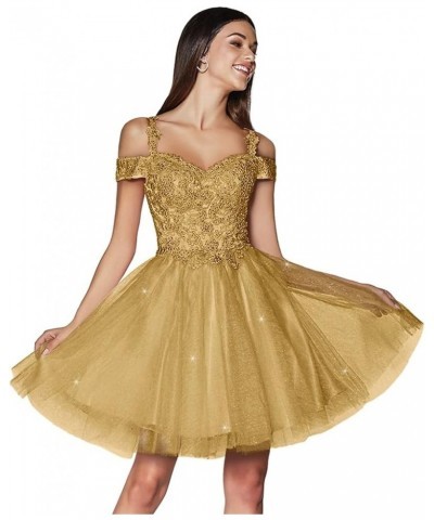 Sparkly Lace Applique Homecoming Dresses Cold Shoulder Tulle Short Beaded Prom Party Gowns Gold $32.12 Dresses