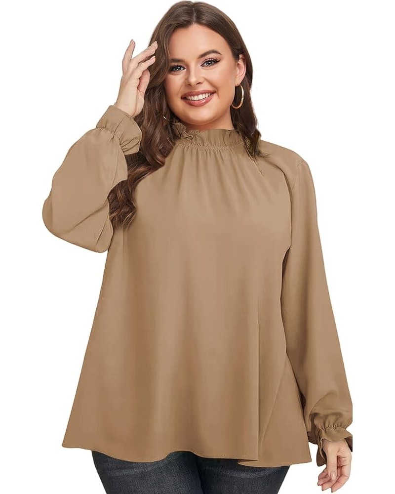 Plus Size Puff Long Sleeve Tops for Women Casual Frill Mock Neck Ruffled Blouse Loose Fit Tunic Shirts 1X-5X Brown $15.36 Blo...