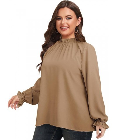 Plus Size Puff Long Sleeve Tops for Women Casual Frill Mock Neck Ruffled Blouse Loose Fit Tunic Shirts 1X-5X Brown $15.36 Blo...