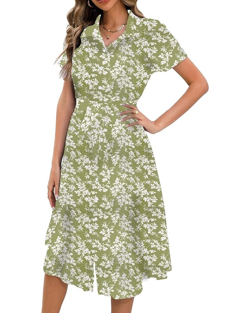 Button Up Summer Dresses for Women 2023, V Neck Short Sleeve Boho Floral Tie Front Casual Dress Green White Floral $14.74 Dre...