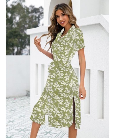 Button Up Summer Dresses for Women 2023, V Neck Short Sleeve Boho Floral Tie Front Casual Dress Green White Floral $14.74 Dre...