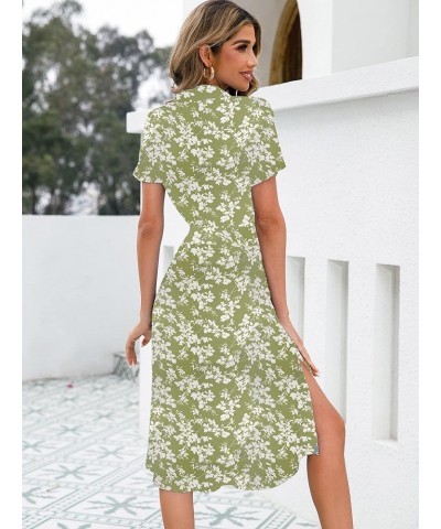 Button Up Summer Dresses for Women 2023, V Neck Short Sleeve Boho Floral Tie Front Casual Dress Green White Floral $14.74 Dre...