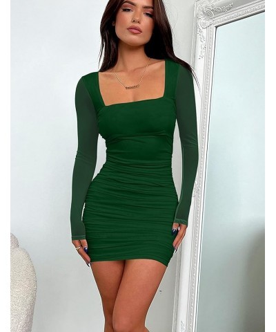 Women's Sexy Ruched Bodycon Mini Dress Mesh Long Sleeve Club Party Short Dresses Dark Green $15.36 Dresses