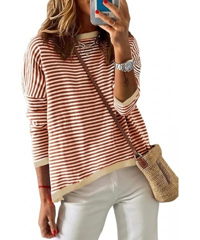 Womens 2024 Long Sleeve Tops Sweaters Casual Crewneck Striped Color Block Drop Shoulder Cotton Pullover Shirts B Brown $18.29...
