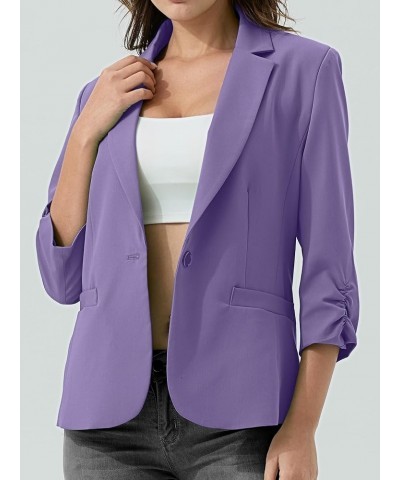 Women's Ruched 3/4 Sleeve Blazers, Lightweight Slim Fit Suits with Padded Shoulder for Business Casual Purple $21.62 Blazers