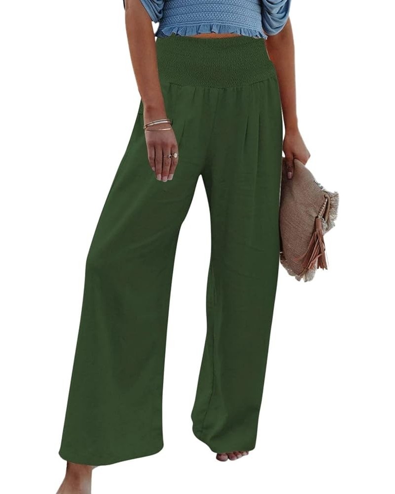 Women's Linen Pants Casual Summer Straight Wide Leg Flowy Pant with Pockets Elastic Waist Loose Lounge Palazzo Pants 4 Green ...