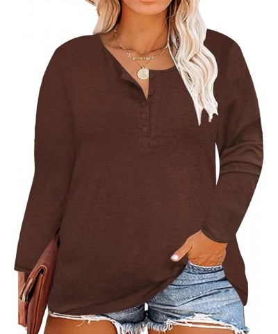 Plus Size Tops for Women Oversized Shirt Long Sleeve Crewneck Button Pullover Henley Tshirt A1_2_brown $18.28 Tops