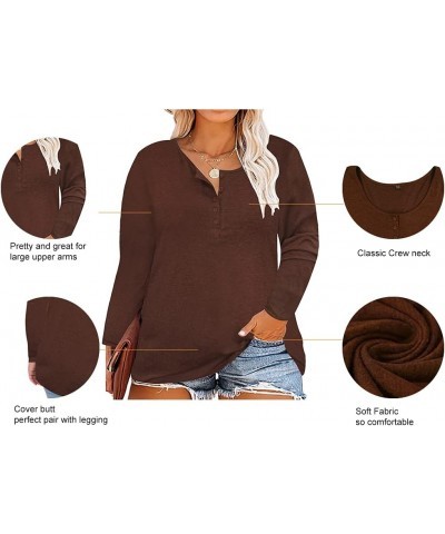 Plus Size Tops for Women Oversized Shirt Long Sleeve Crewneck Button Pullover Henley Tshirt A1_2_brown $18.28 Tops