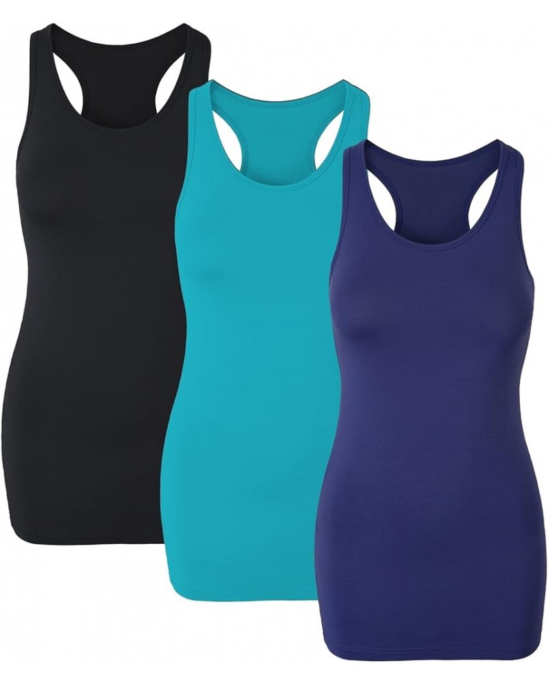 Racerback Long Tank Tops for Women Stretchy Cotton Sleeveless Undershirts Gym Workout Sports Shirts 3 Packs Black+aqua+navy (...