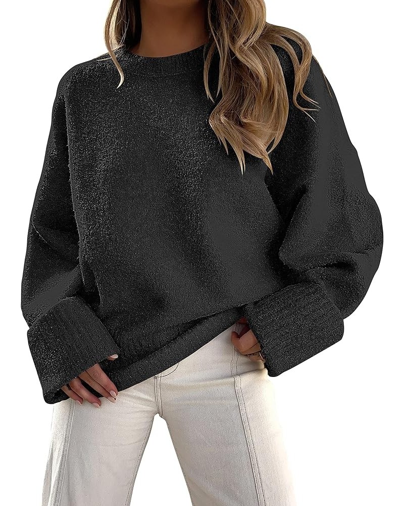 Women's Crewneck Long Sleeve Oversized Fuzzy Knit Chunky Warm Pullover Sweater Top Black $30.77 Sweaters