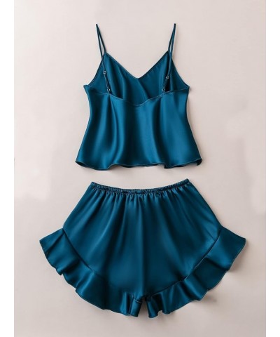 Women's Sexy Silk Satin Ruffled Pajamas Sets Cami Shorts Sets Sleepwear Teal Blue $15.00 Sleep & Lounge