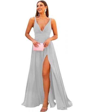 Deep V Neck Chiffon Bridesmaid Dresses with Slit Pockets Long Twisted Front Formal Evening Prom Dress Silver $22.14 Dresses