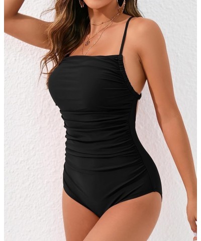 One Piece Bathing Suit for Women Tummy Control Ruched Swimsuit Lace Up Spaghetti Strap Monokini 1_black $15.40 Swimsuits