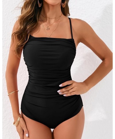One Piece Bathing Suit for Women Tummy Control Ruched Swimsuit Lace Up Spaghetti Strap Monokini 1_black $15.40 Swimsuits