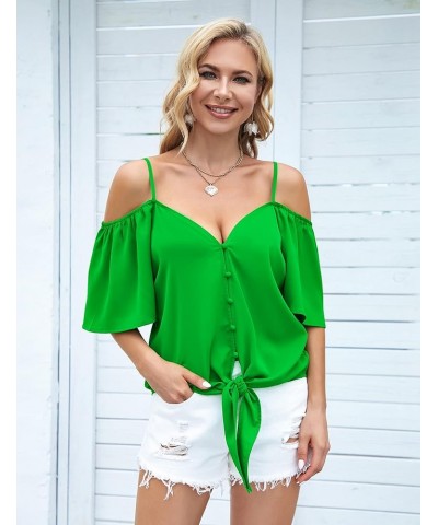 Women's Sexy Cold Shoulder Summer Tops Cute Front Tie Blouses Button Down Shirts Grass Green $18.87 Blouses