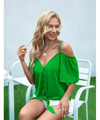 Women's Sexy Cold Shoulder Summer Tops Cute Front Tie Blouses Button Down Shirts Grass Green $18.87 Blouses