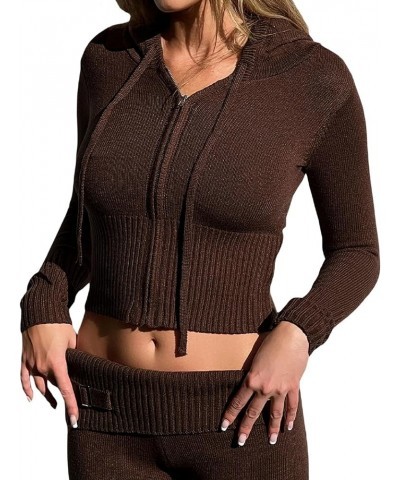 Women Knitted Zipper Jacket Cardigan Y2k Stand Collar Double Zip Up Crop Sweater Jacket Ribbed Knit Sweatshirt Hoodie Brown $...
